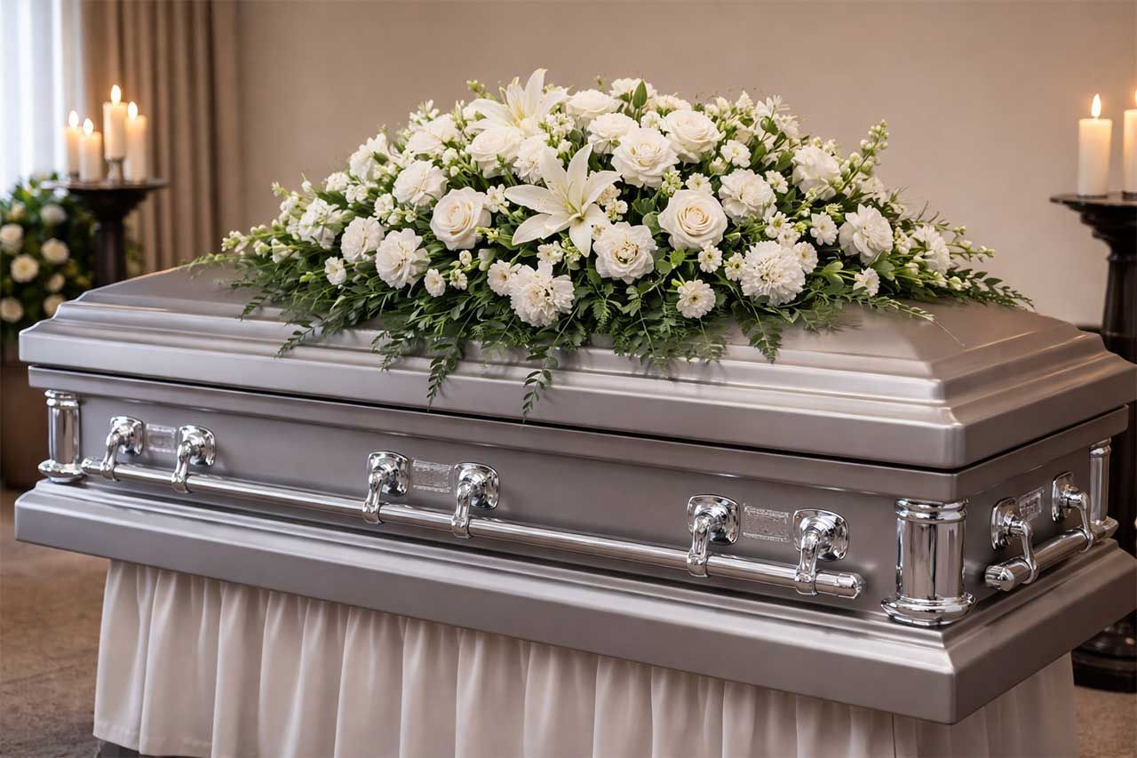 Metal Casket With White Floral Arrangement On Top In Funeral Setting