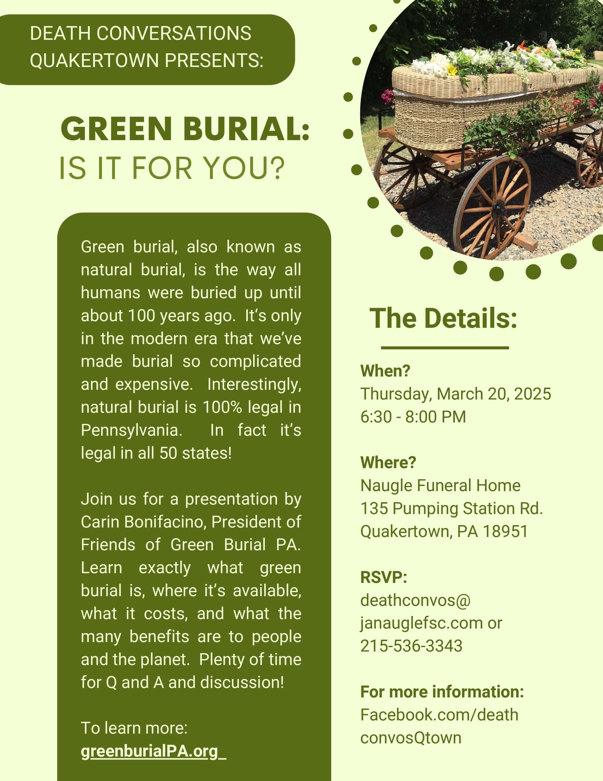 Green burial event flyer with tree, wheelbarrow, and details in green and beige layout