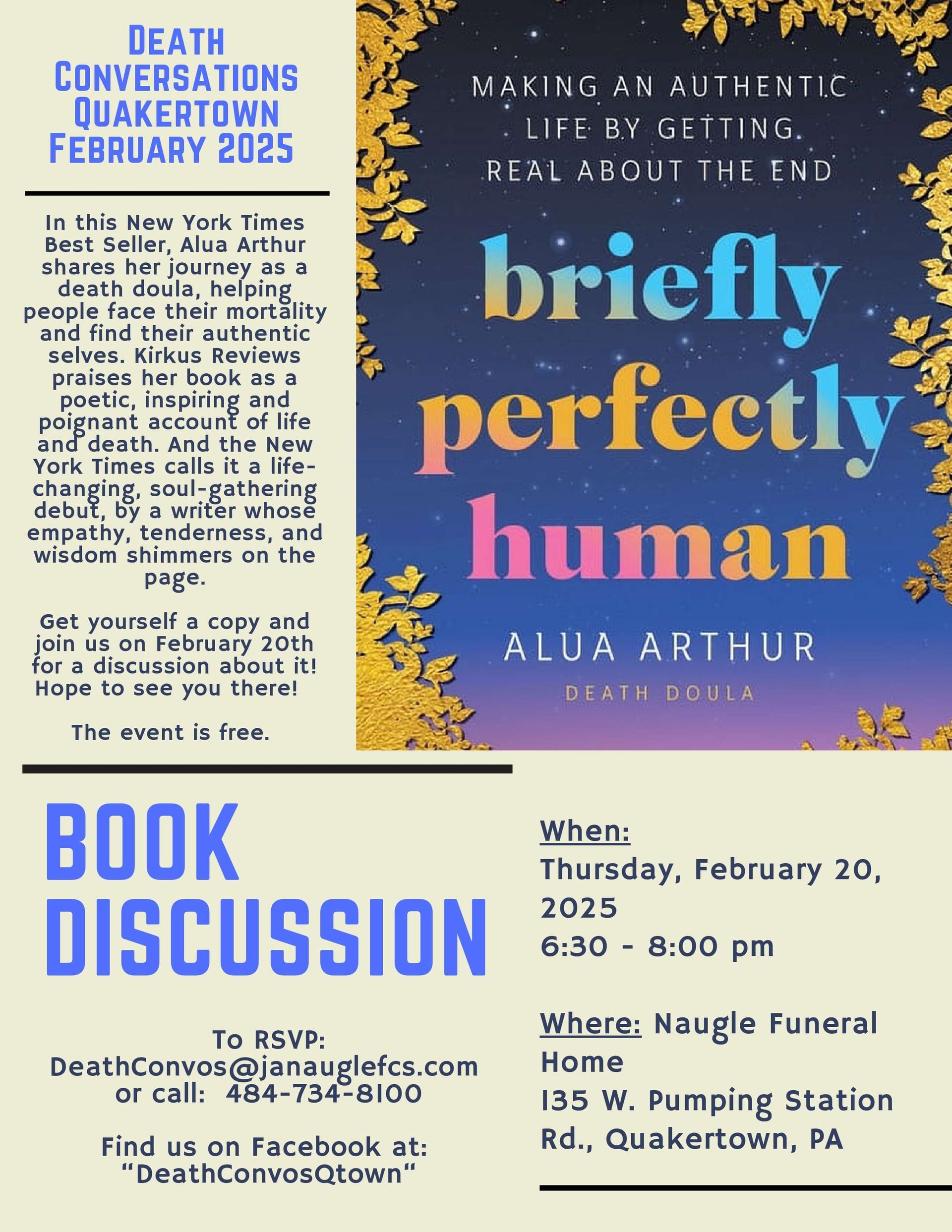 Book discussion flyer for Briefly Perfectly Human with date, time, and funeral home location details.