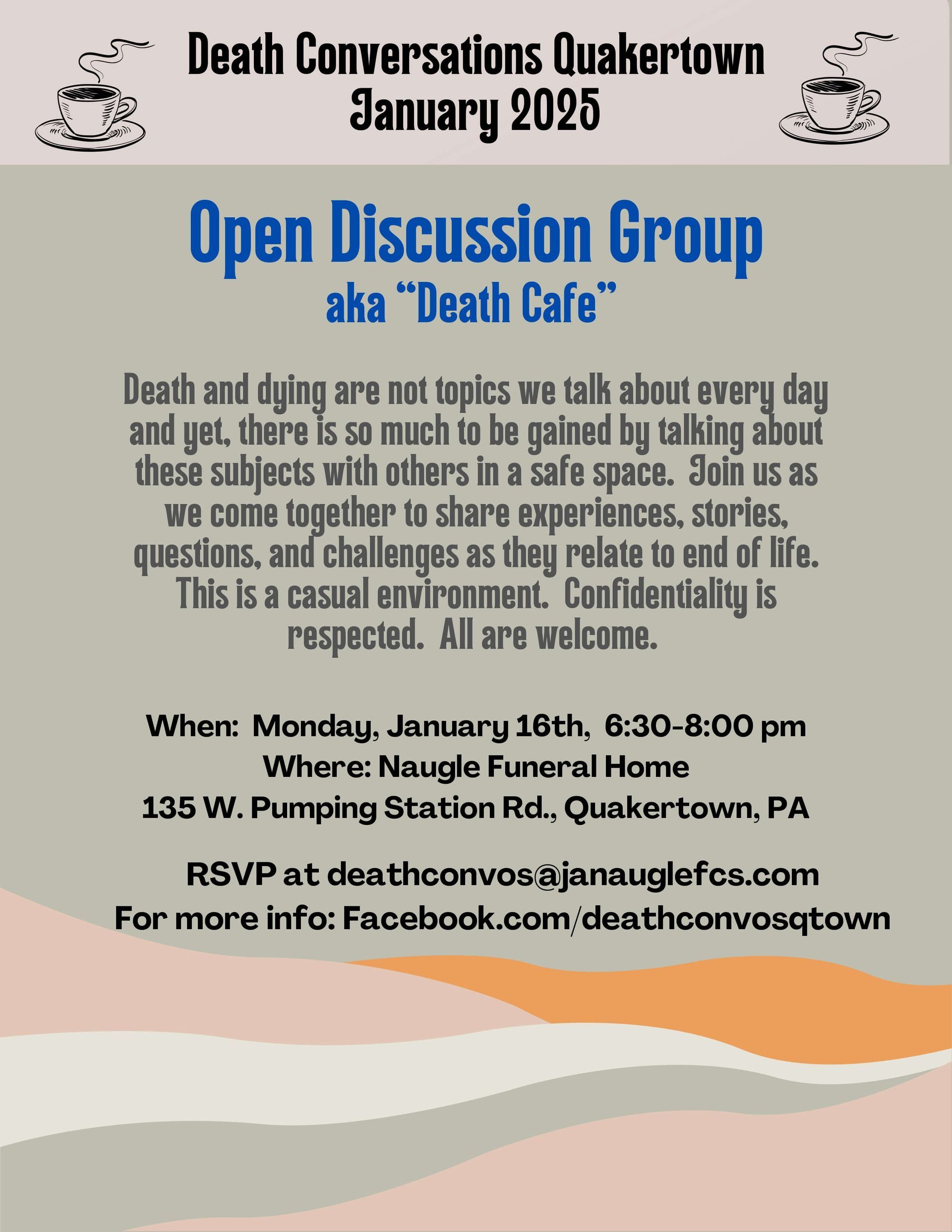 Poster for Death Conversations Quakertown January 2025 open discussion group “Death Café” with event details and RSVP info