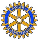 Rotary International logo: blue and gold gear wheel with white center and text