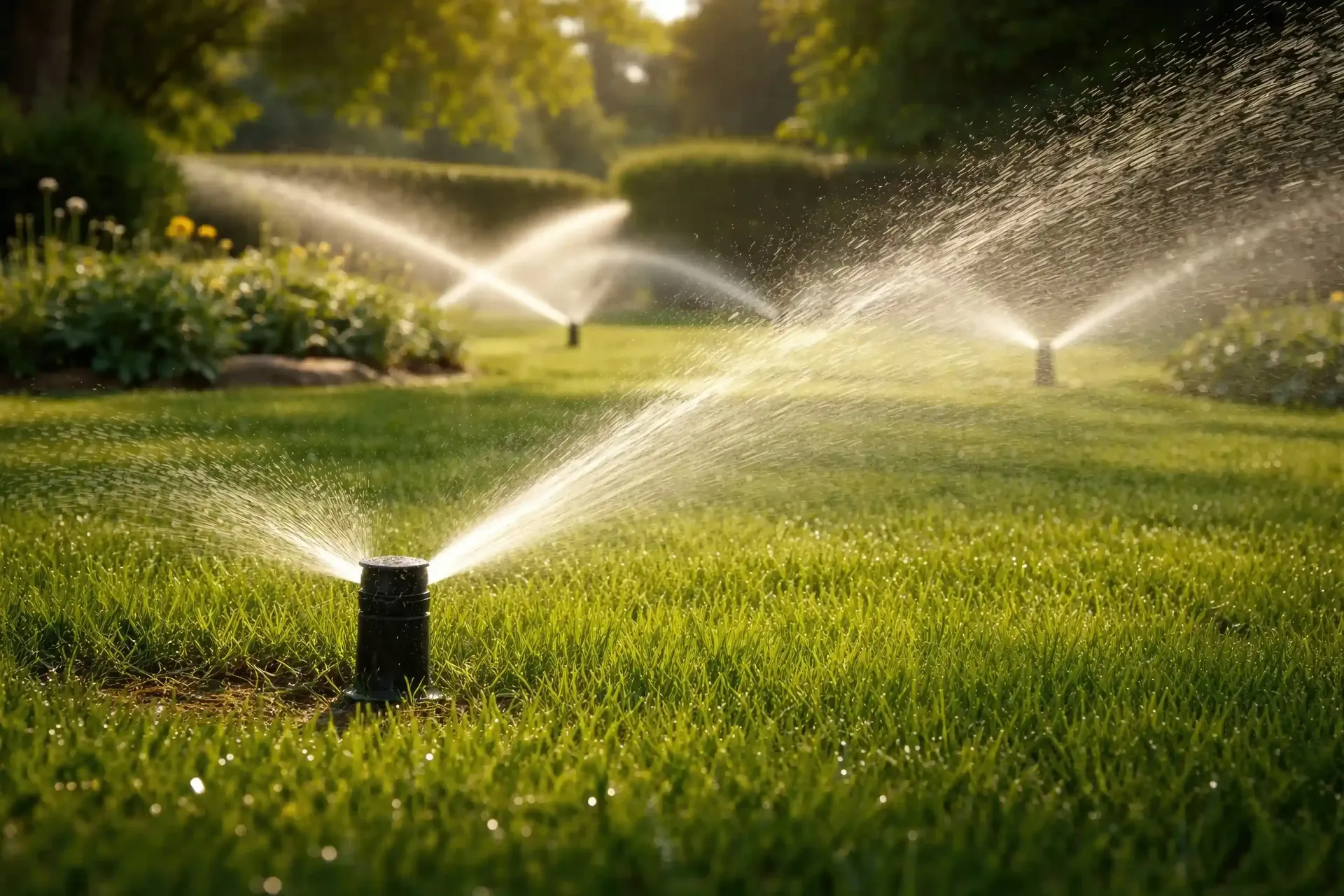 Sprinklers watering a lawn