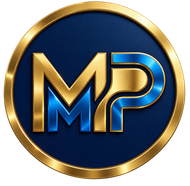 Logo MP oro e blu all'interno di un emblema metallico circolare.