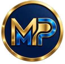 Logo circolare oro e blu con le lettere “MP” su sfondo blu scuro.