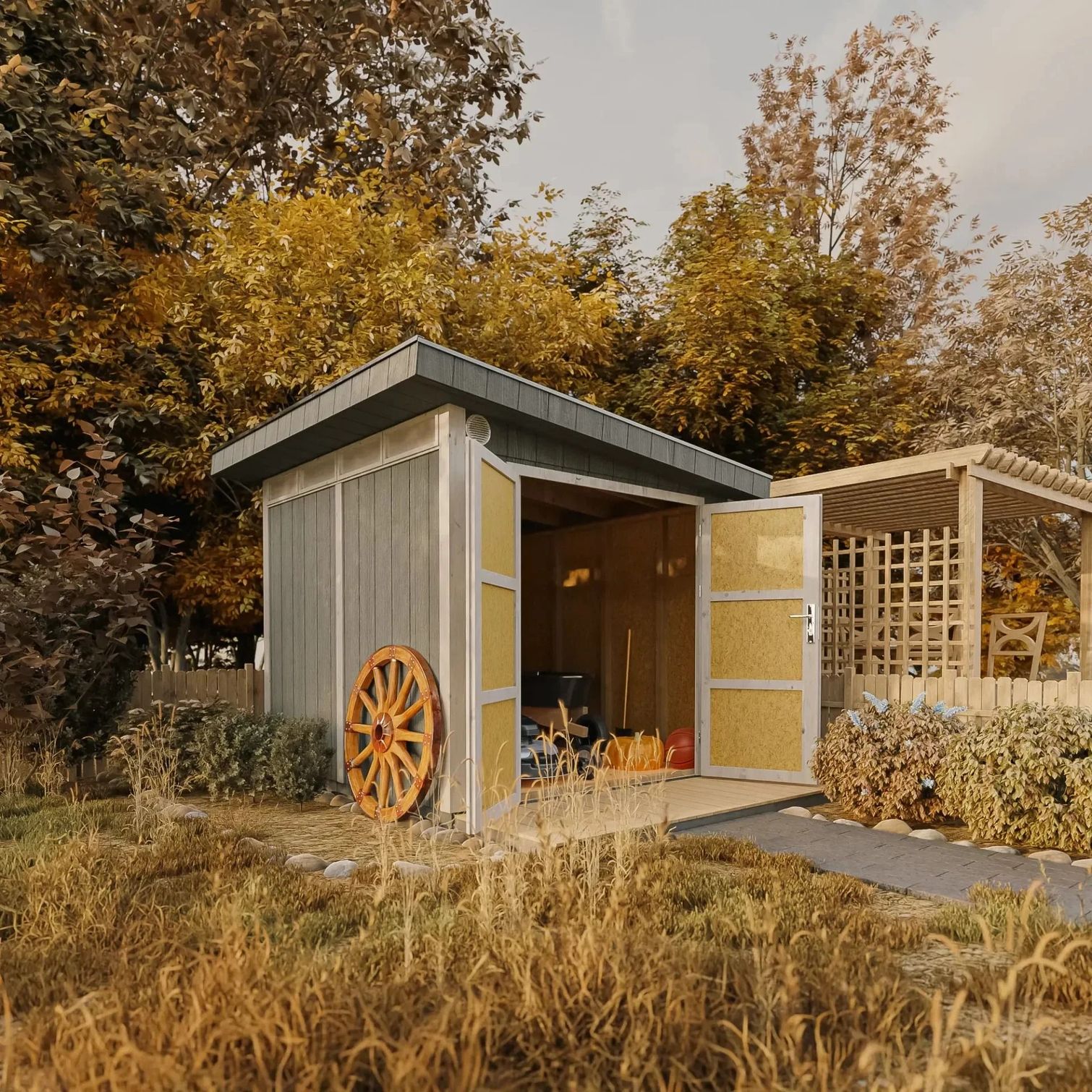 Piccolo capanno moderno con porte aperte in un giardino autunnale dorato, circondato da alte erbe e alberi.