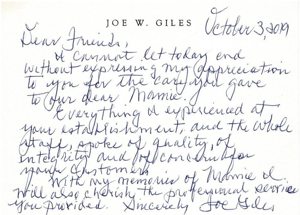 Letter from family to Lewis & Wright Funeral Directors