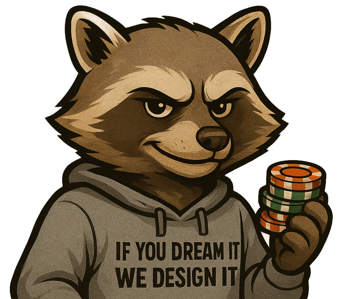 A cartoon raccoon wearing a gray hoodie that reads 