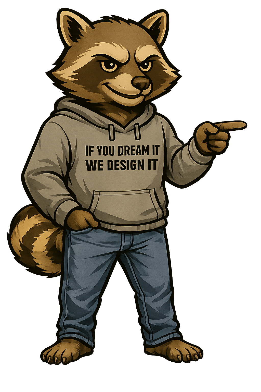 Cartoon raccoon wearing a grey hoodie that says
