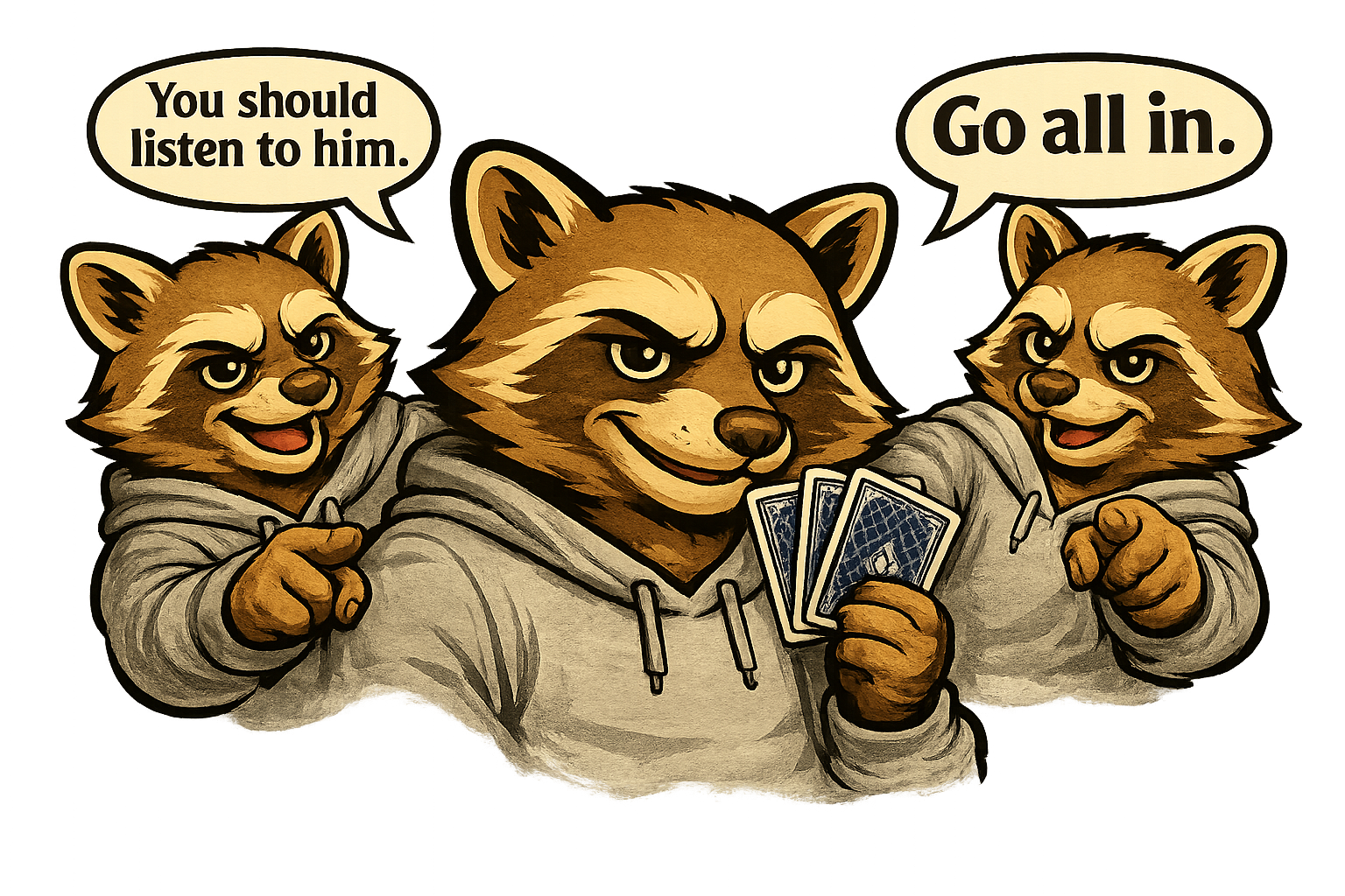 Three cartoon raccoons in grey hoodies, two pointing at the center one holding playing cards; speech bubbles say
