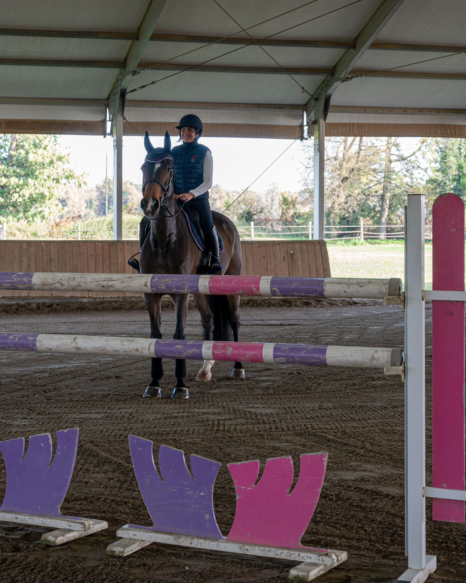 Una donna bacia un cavallo con una medaglia e una coperta in una stalla.