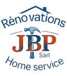 Logo pour JBP S&agrave;rl R&eacute;novations Service &agrave; domicile avec lettrage bleu et orange et ic&ocirc;ne de toit de maison