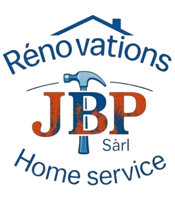 Logo pour JBP S&agrave;rl R&eacute;novations Service &agrave; domicile avec lettrage bleu et orange et ic&ocirc;ne de toit de maison