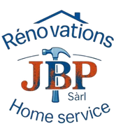 Logo pour JBP Sarl rénovation et services à domicile, avec texte bleu et orange et icône de marteau