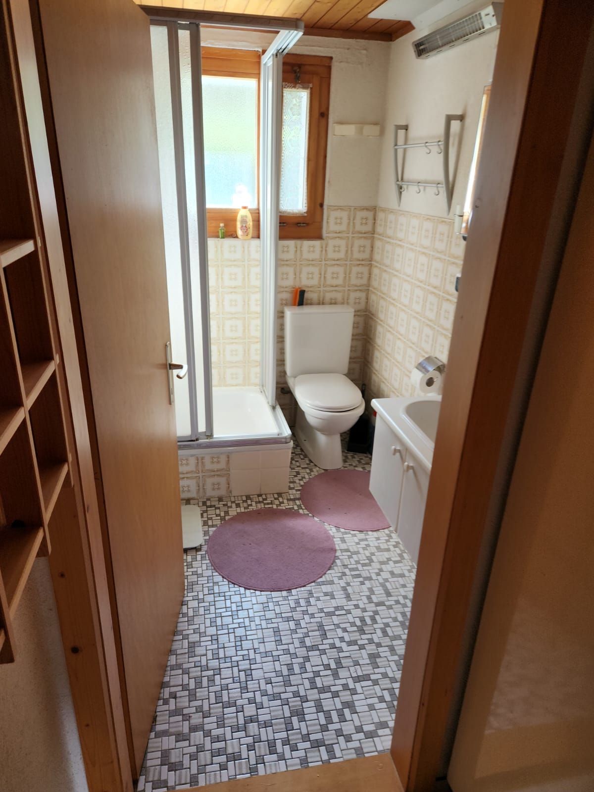 Petite salle de bain étroite avec toilettes, douche, lavabo, sol en mosaïque et tapis roses, visible à travers une porte.