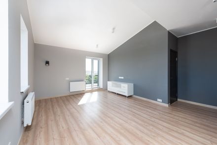 Salon lumineux et vide avec parquet, mur d'accent gris et grandes fenêtres laissant entrer la lumière du soleil.