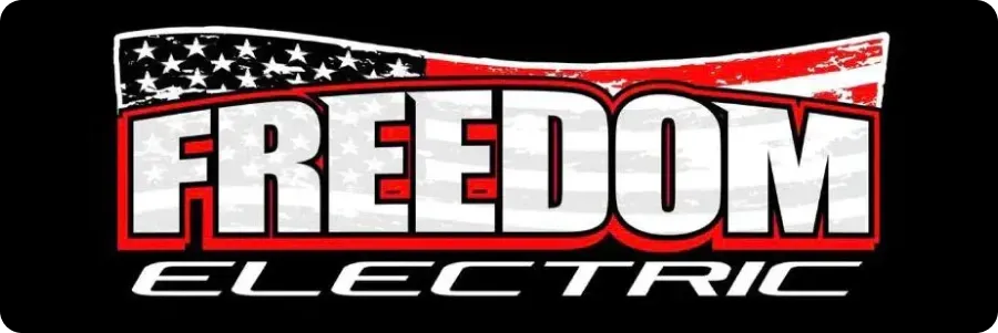 Logo of Freedom Electric. American flag design above white text with a red border. 