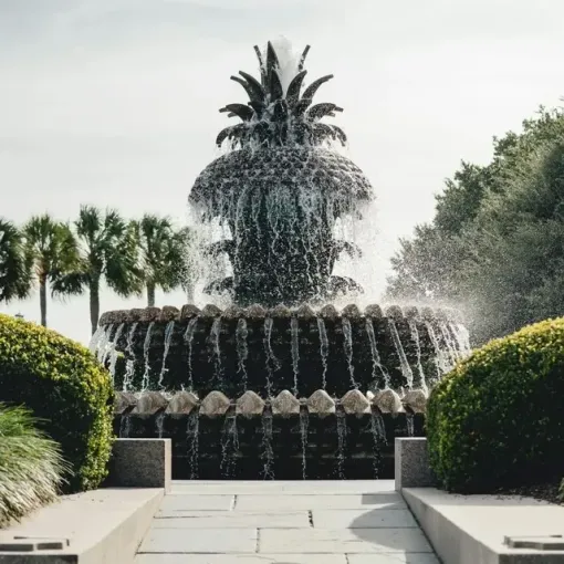 Ornate tiered fountain with a pineapple top in a landscaped garden path