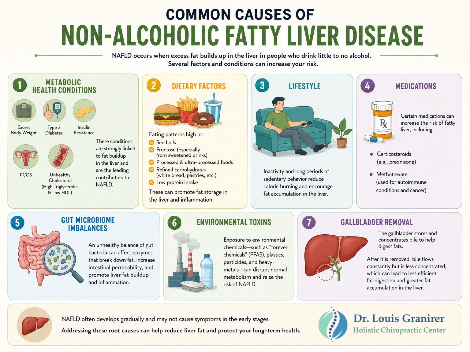 Click to Enlarge Infographic on common causes of non-alcoholic fatty liver disease with six illustrated risk factors.