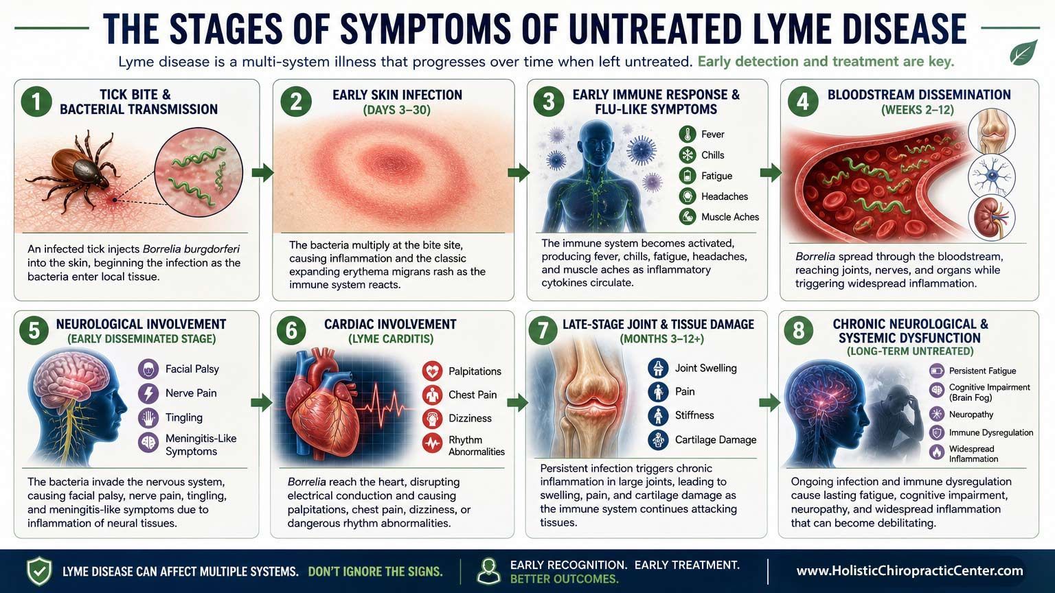 Infographic of untreated Lyme disease stages, showing rash, flu-like symptoms, and later neurological and joint effects
