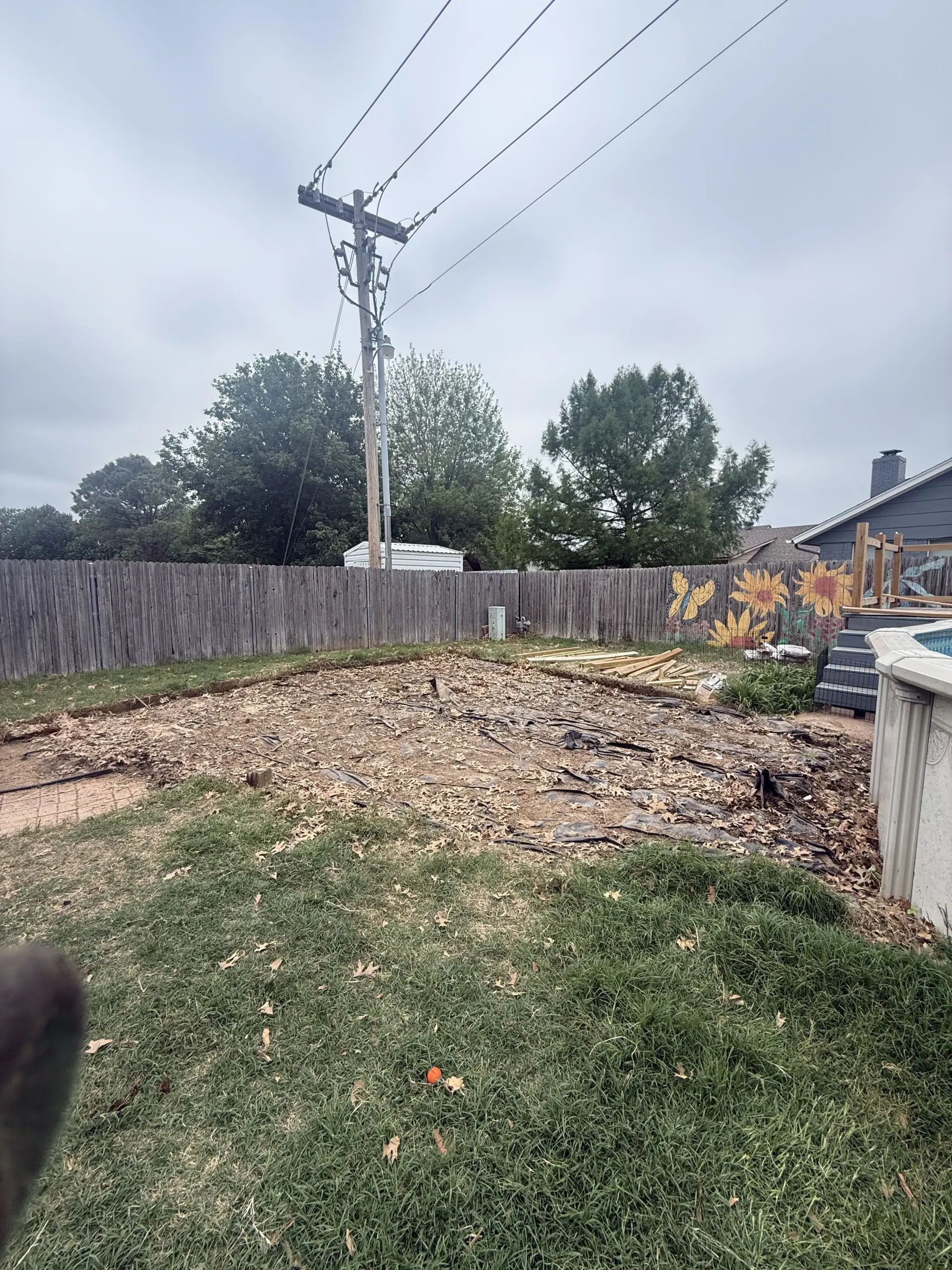 Backyard with a utility pole, wooden fence, grass, and a cleared dirt area under cloudy skies