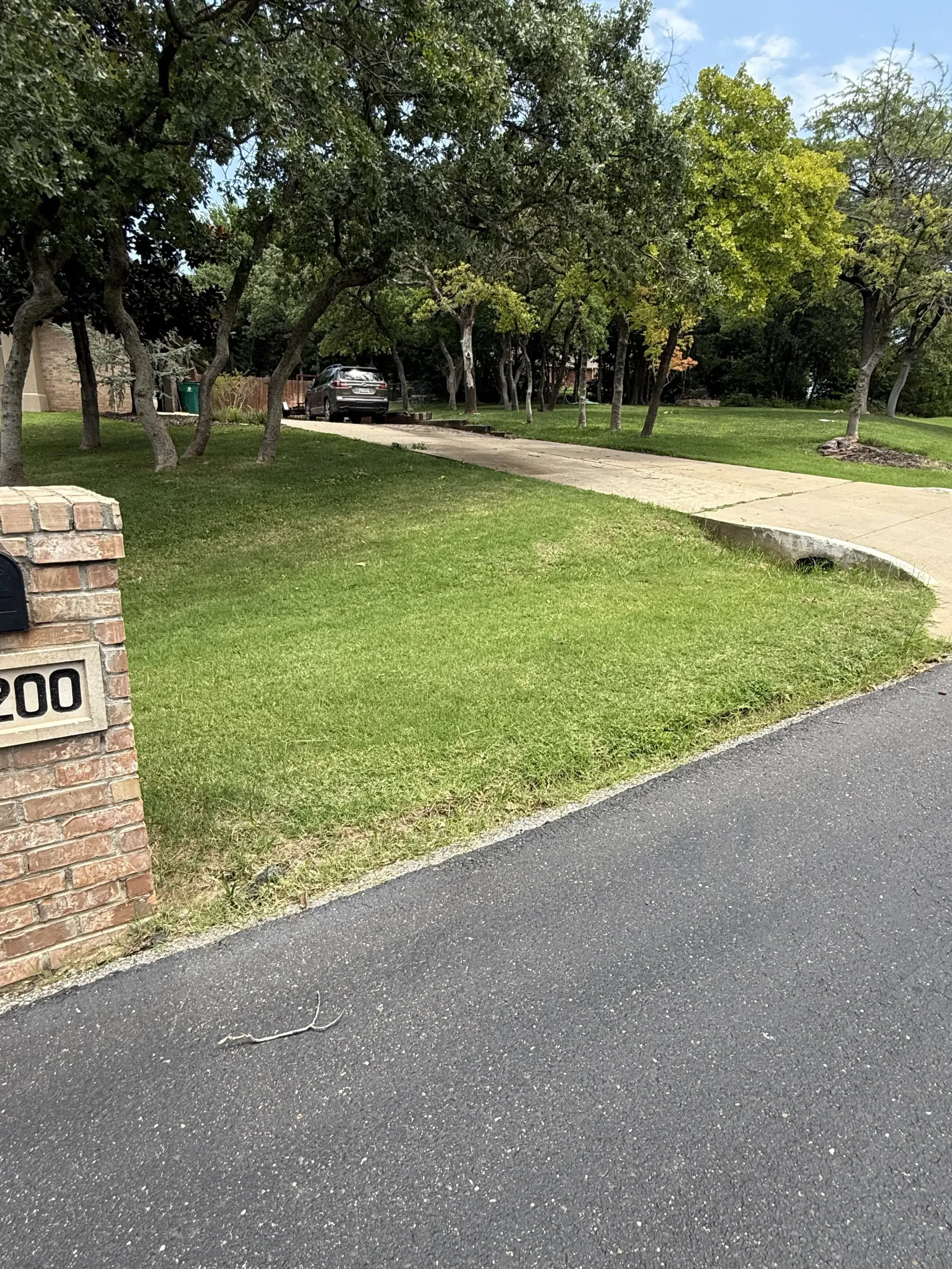 Curved driveway beside grassy lawn and trees, with a stone mailbox pillar at left.