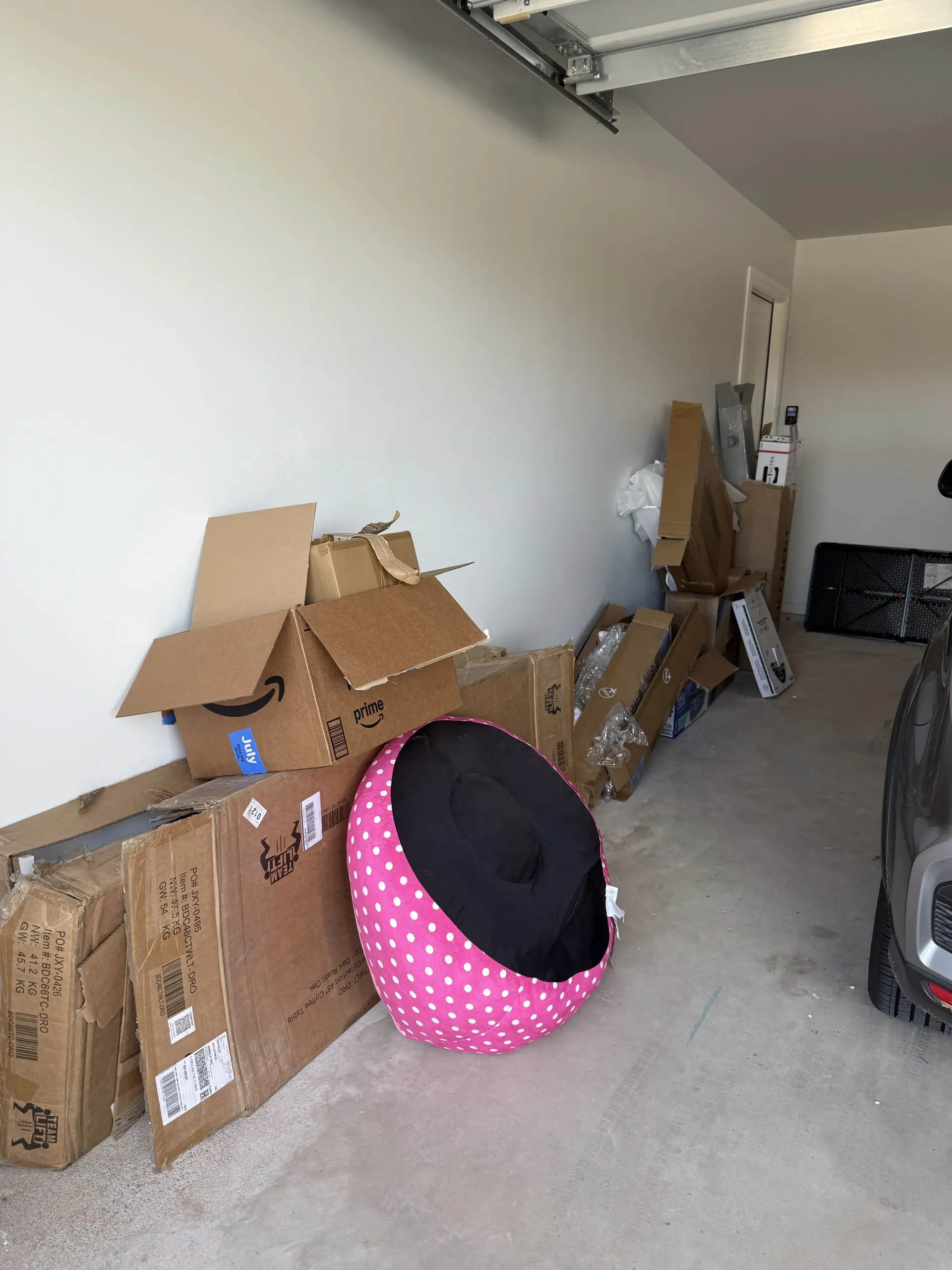 Garage with stacked moving boxes, a pink polka-dot pet bed, and a car on the right.