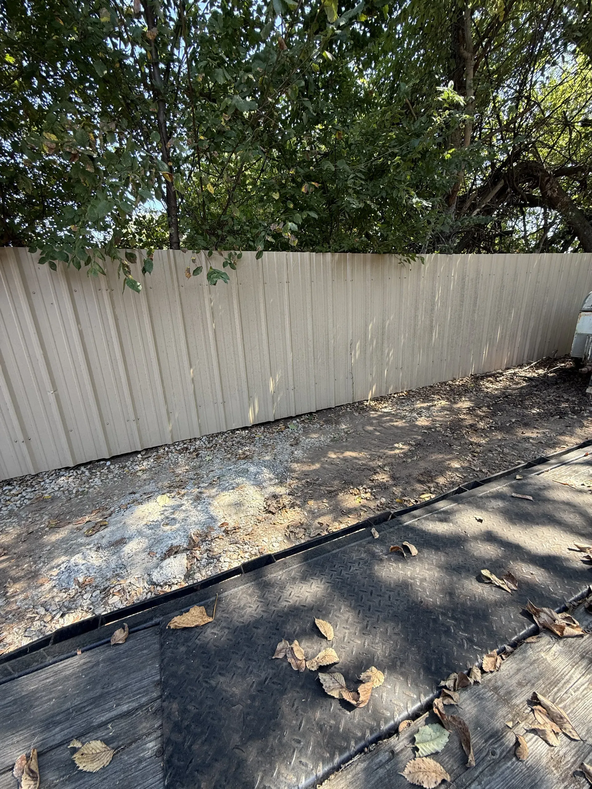 White corrugated fence beside a tree-lined roadside with scattered leaves on the pavement