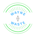 Wayne Waste logo with green circular lines, blue text, and a small diamond icon