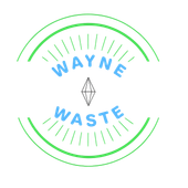 Wayne Waste logo with green circular lines, blue text, and a small diamond icon