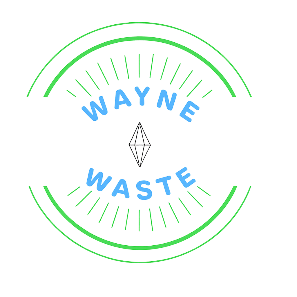 Wayne Waste logo with green circular lines, blue text, and a small diamond icon