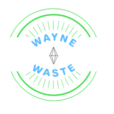 Blue “WAYNE WASTE” logo with green circular lines and a small black diamond icon in the center