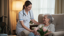 Nurse speaking with a smiling patient in a cozy living room, with flowers on the table.