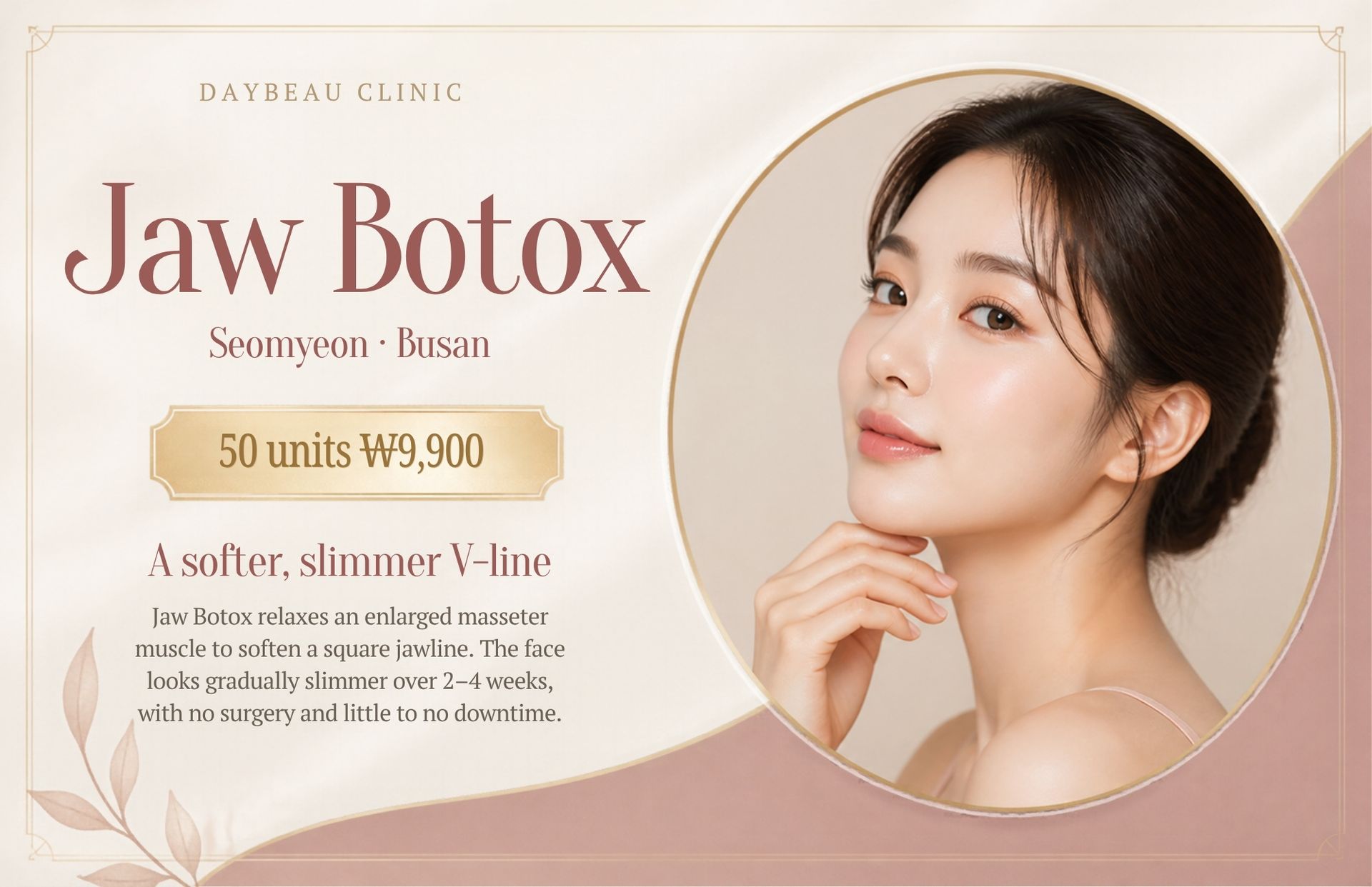 Jaw Botox at Daybeau Clinic, Seomyeon, Busan – first visit from ₩9,900. Jaw Botox is a toxin injection into the jaw muscles at the back of the lower face, used to gradually reduce a square or wide-looking jaw.