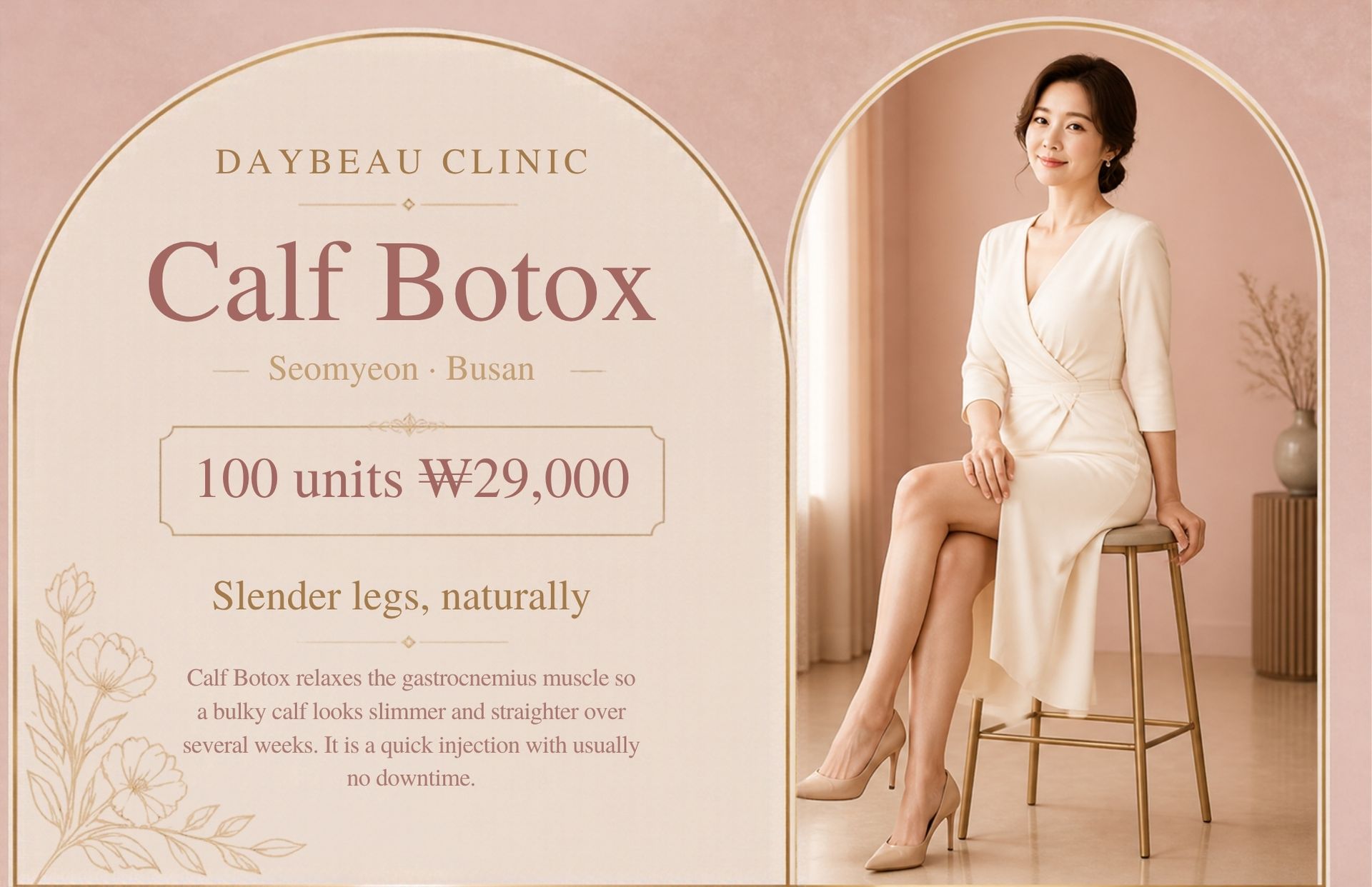 Calf Botox at Daybeau Clinic, Seomyeon, Busan – first visit from ₩29,000. Calf Botox relaxes the gastrocnemius muscle so a bulky calf can look slimmer over several weeks. It suits calves shaped mainly by muscle. 100 units of Korean toxin is ₩29,000 on a first visit (VAT excluded).