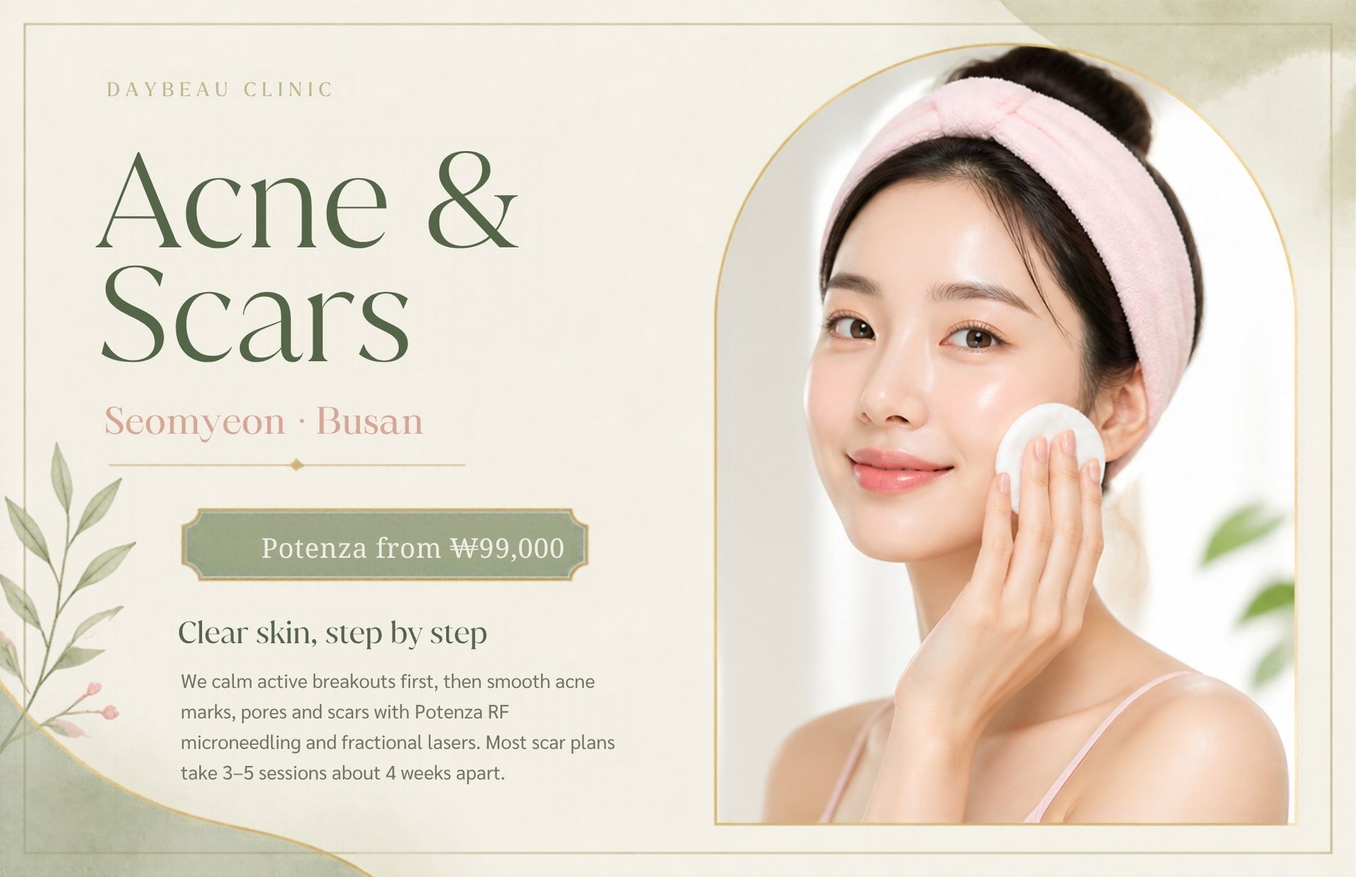 Acne and Acne Scar Treatment at Daybeau Clinic, Seomyeon, Busan – first visit from ₩25,000. Acne care at Daybeau Seomyeon has two stages: first calm active breakouts and oil with medical facials, extraction, peels and, where appropriate, prescription treatment; then repair texture with RF microneedling (Potenza), fractional laser and boosters once the skin is stable.