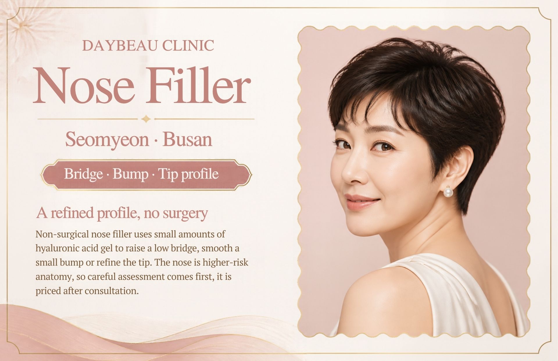 Nose Filler at Daybeau Clinic, Seomyeon, Busan. Non-surgical nose filler uses small amounts of hyaluronic acid gel to raise a low bridge, smooth a small bump or refine the tip. The nose is higher-risk anatomy, so careful assessment comes first; it is priced after consultation.