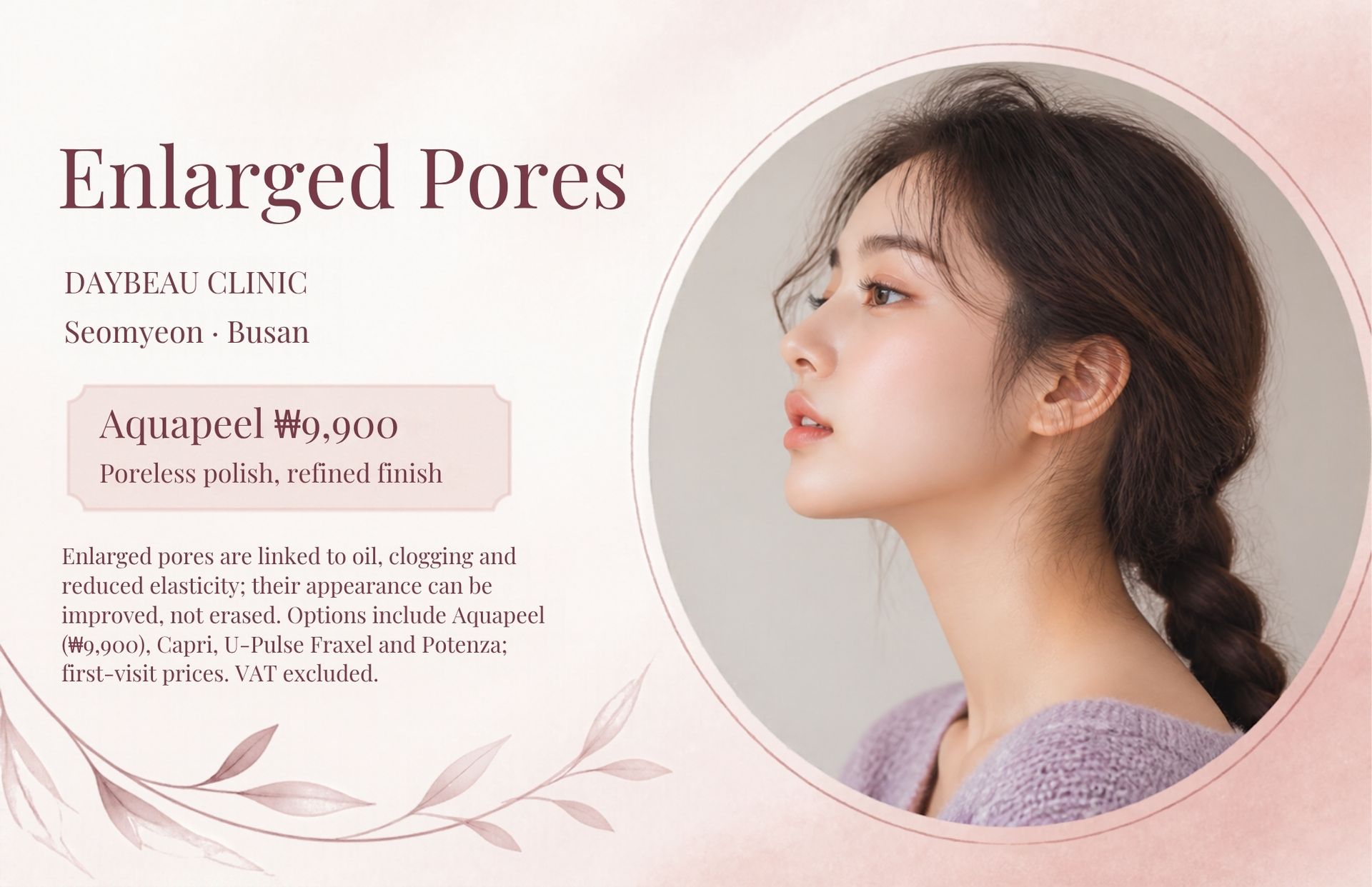 Enlarged Pores at Daybeau Clinic, Seomyeon, Busan – first visit from ₩9,900. Enlarged pores are linked to oil, clogging and reduced elasticity; their appearance can be improved, not erased. Options include Aquapeel (₩9,900), Capri, U-Pulse Fraxel and Potenza; first-visit prices, VAT excluded.