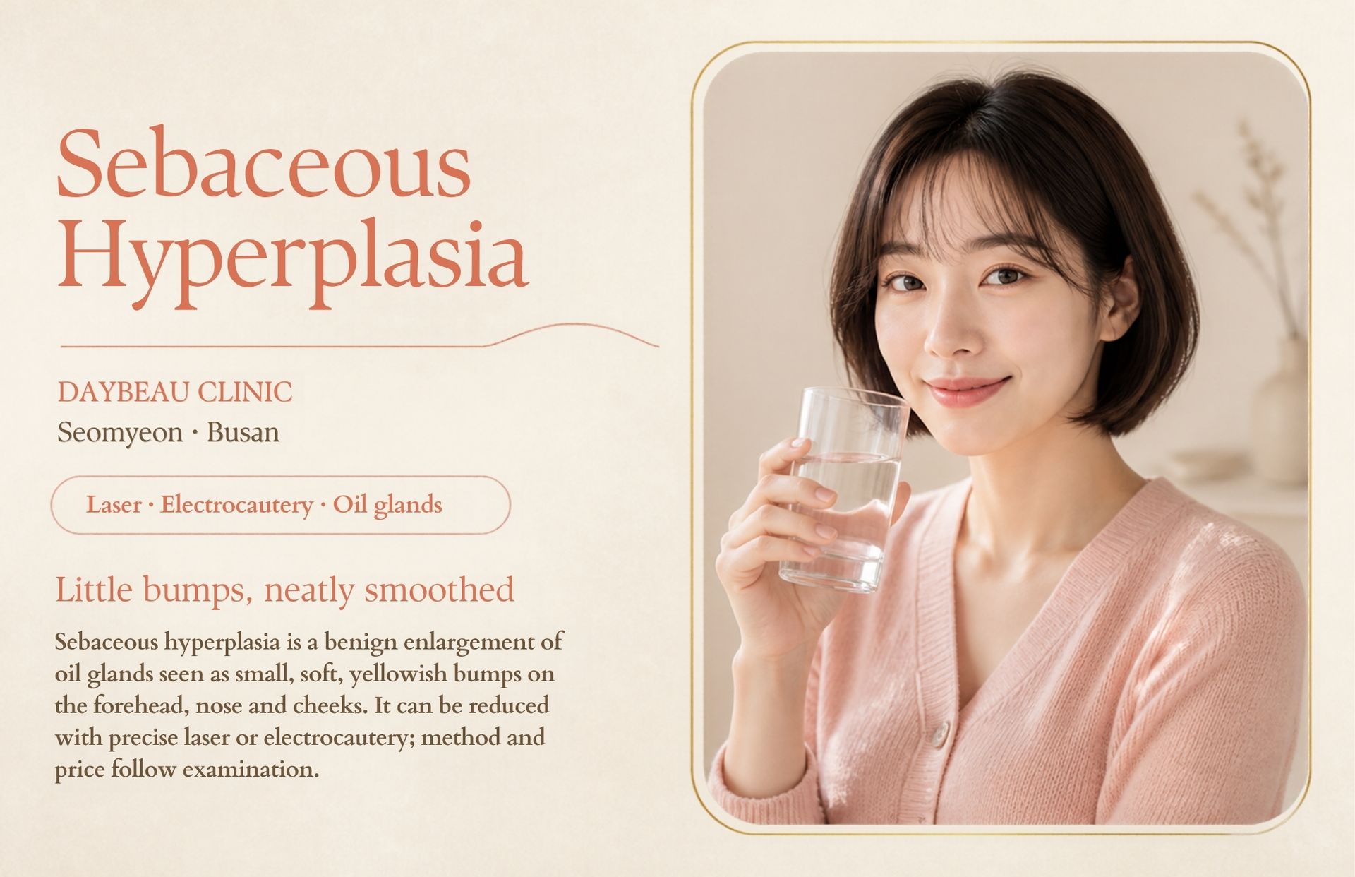 Sebaceous Hyperplasia at Daybeau Clinic, Seomyeon, Busan. Sebaceous hyperplasia is a benign enlargement of oil glands seen as small, soft, yellowish bumps on the forehead, nose and cheeks. It can be reduced with precise laser or electrocautery; method and price follow examination.