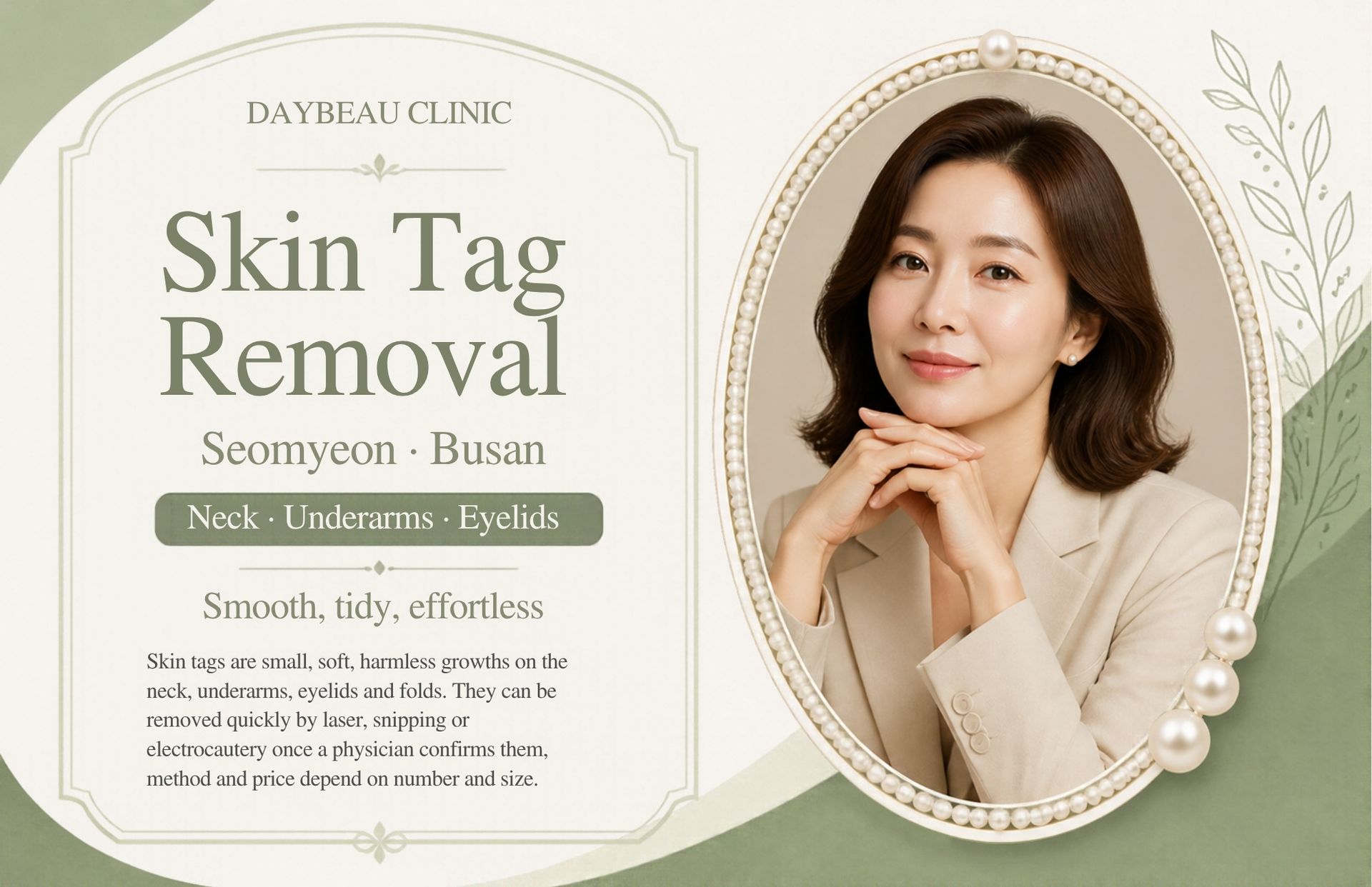 Skin Tag Removal at Daybeau Clinic, Seomyeon, Busan. Skin tags are small, soft, harmless growths on the neck, underarms, eyelids and folds. They can be removed quickly by laser, snipping or electrocautery once a physician confirms them; method and price depend on number and size.