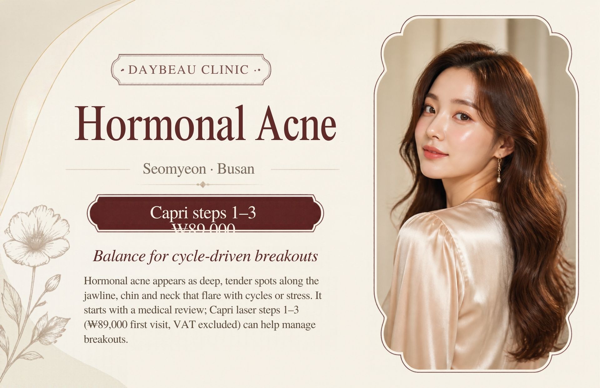 Hormonal Acne at Daybeau Clinic, Seomyeon, Busan – first visit from ₩89,000. Hormonal acne appears as deep, tender spots along the jawline, chin and neck that flare with cycles or stress. It starts with a medical review; Capri laser steps 1–3 (₩89,000 first visit, VAT excluded) can help manage breakouts.