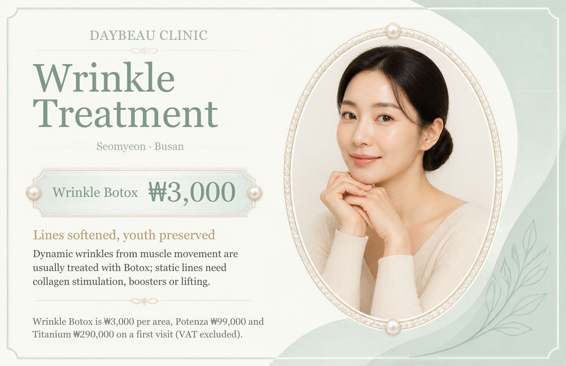 Wrinkle Treatment at Daybeau Clinic, Seomyeon, Busan – first visit from ₩3,000. Dynamic wrinkles from muscle movement are usually treated with Botox; static lines need collagen stimulation, boosters or lifting. Wrinkle Botox is ₩3,000 per area, Potenza ₩99,000 and Titanium ₩290,000 on a first visit (VAT excluded).