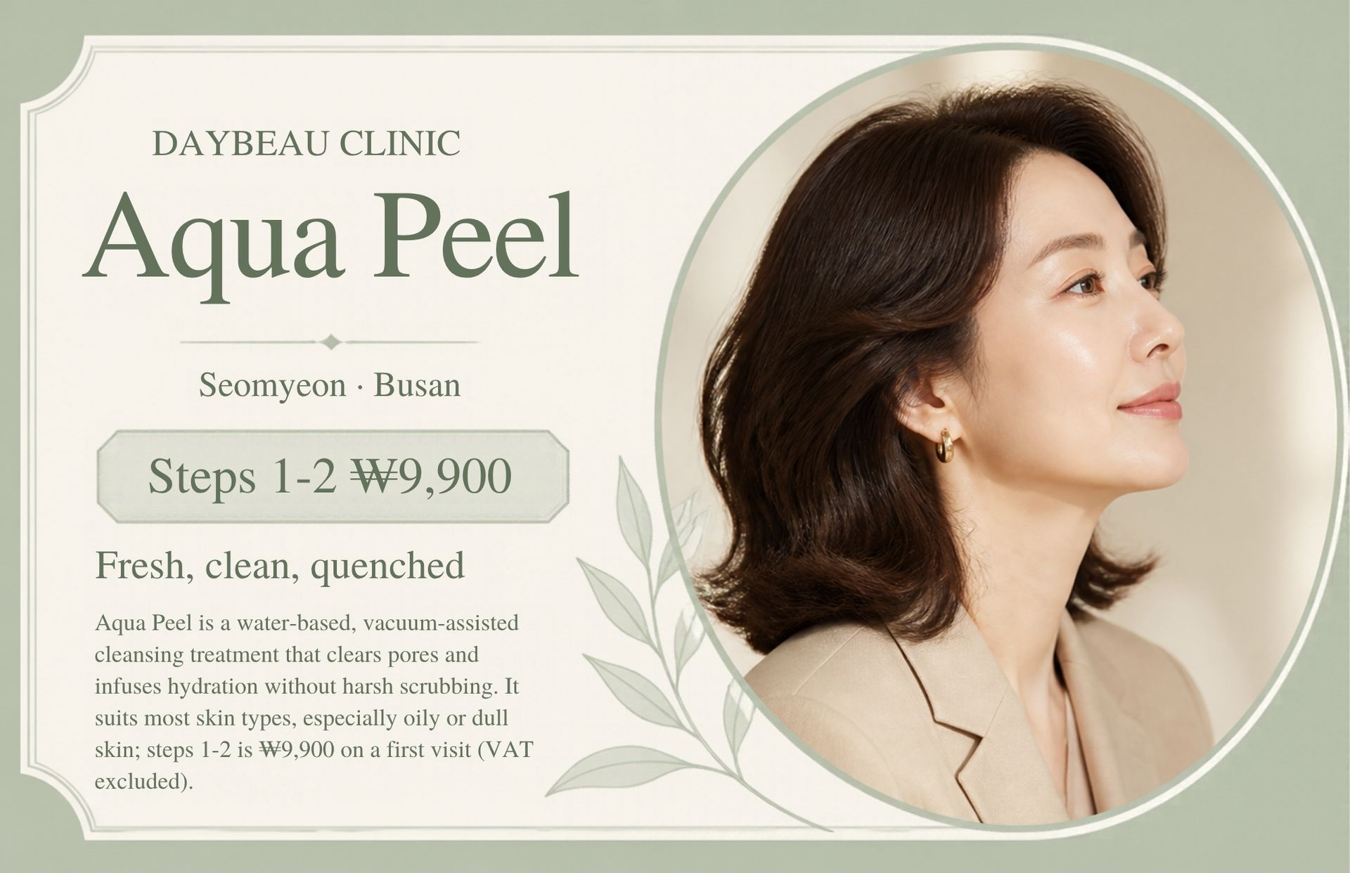 Aqua Peel at Daybeau Clinic, Seomyeon, Busan – first visit from ₩9,900. Aqua Peel is a water-based, vacuum-assisted cleansing treatment that clears pores and infuses hydration without harsh scrubbing. It suits most skin types, especially oily or dull skin; steps 1–2 is ₩9,900 on a first visit (VAT excluded).