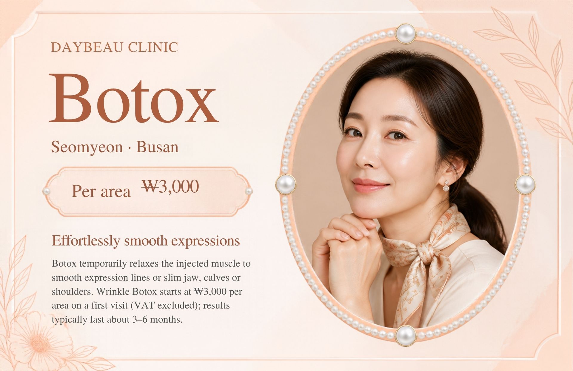 Botox at Daybeau Clinic, Seomyeon, Busan – first visit from ₩3,000. Botox temporarily relaxes the injected muscle to smooth expression lines or slim jaw, calves or shoulders. Wrinkle Botox starts at ₩3,000 per area on a first visit (VAT excluded); results typically last about 3–6 months.