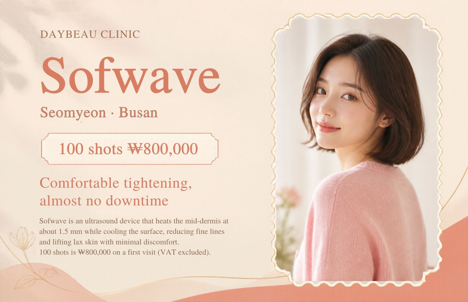 Sofwave at Daybeau Clinic, Seomyeon, Busan – first visit from ₩800,000. Sofwave is an ultrasound device that heats the mid-dermis at about 1.5 mm while cooling the surface, reducing fine lines and lifting lax skin with minimal discomfort. 100 shots is ₩800,000 on a first visit (VAT excluded).