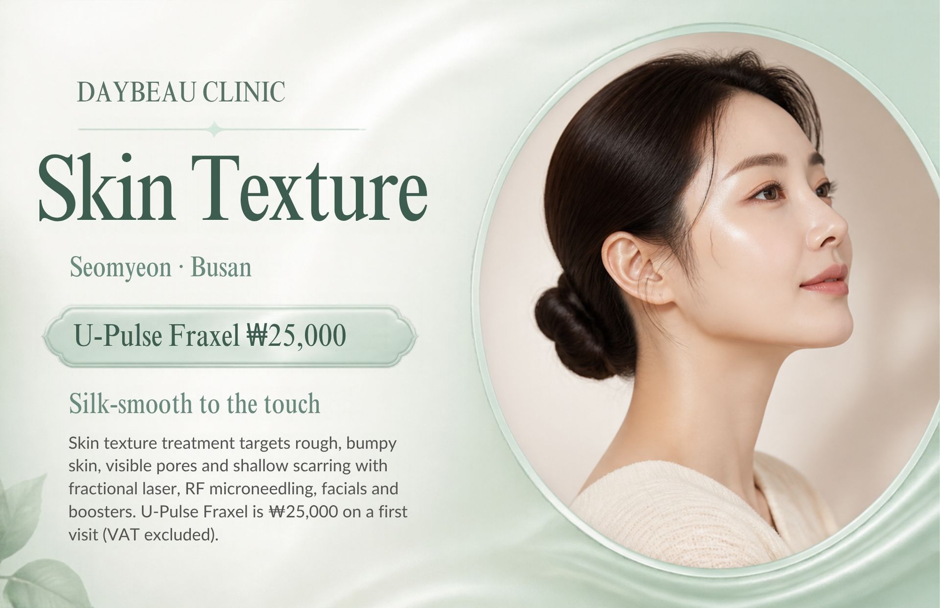 Skin Texture at Daybeau Clinic, Seomyeon, Busan – first visit from ₩25,000. Skin texture treatment targets rough, bumpy skin, visible pores and shallow scarring with fractional laser, RF microneedling, facials and boosters. U-Pulse Fraxel is ₩25,000 on a first visit (VAT excluded).