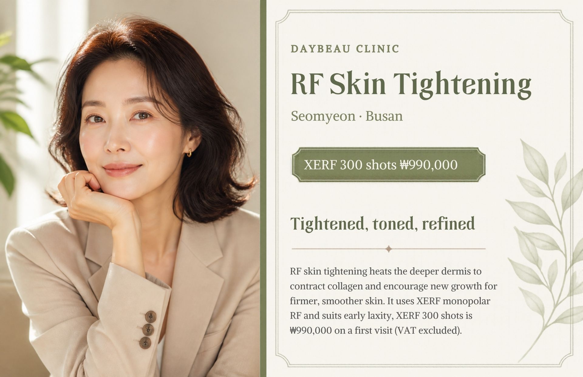 RF Skin Tightening at Daybeau Clinic, Seomyeon, Busan – first visit from ₩990,000. RF skin tightening heats the deeper dermis to contract collagen and encourage new growth for firmer, smoother skin. It uses XERF monopolar RF and suits early laxity; XERF 300 shots is ₩990,000 on a first visit (VAT excluded).