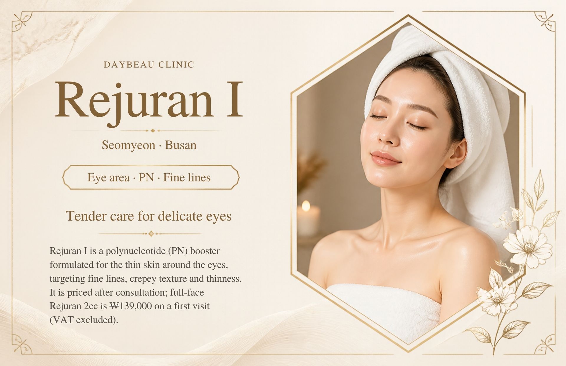 Rejuran I at Daybeau Clinic, Seomyeon, Busan. Rejuran I is a polynucleotide (PN) booster formulated for the thin skin around the eyes, targeting fine lines, crepey texture and thinness. It is priced after consultation; full-face Rejuran 2cc is ₩139,000 on a first visit (VAT excluded).