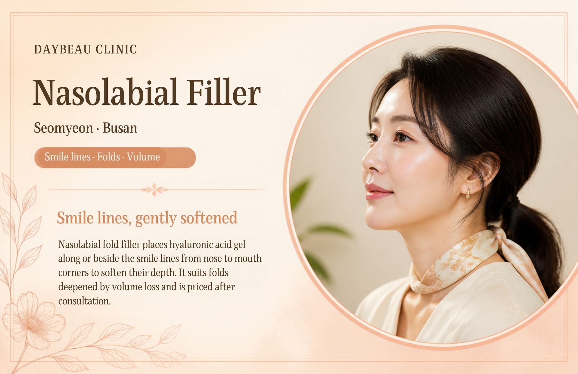 Nasolabial Filler at Daybeau Clinic, Seomyeon, Busan. Nasolabial fold filler places hyaluronic acid gel along or beside the smile lines from nose to mouth corners to soften their depth. It suits folds deepened by volume loss and is priced after consultation.
