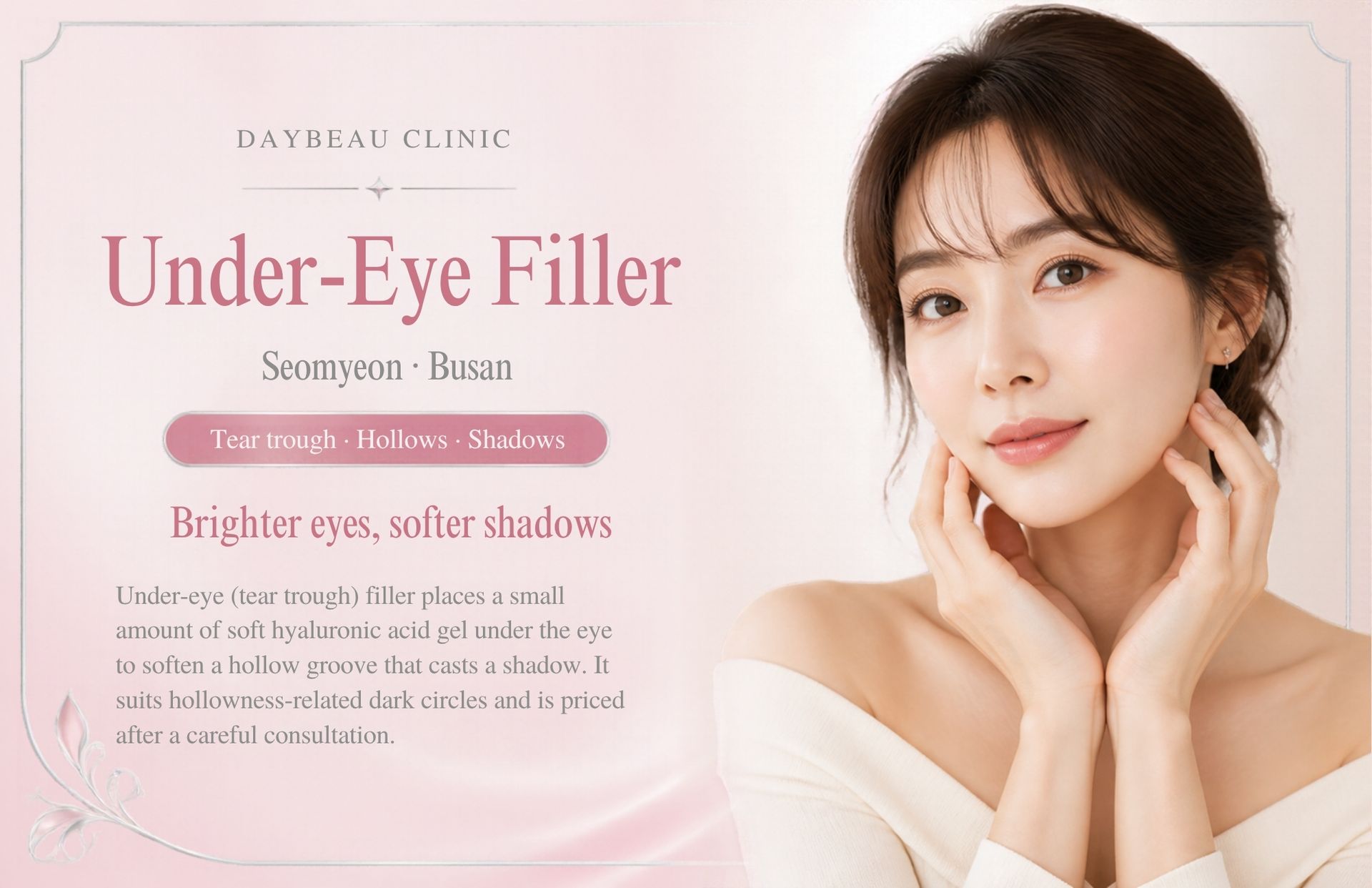 Under-Eye Filler at Daybeau Clinic, Seomyeon, Busan. Under-eye (tear trough) filler places a small amount of soft hyaluronic acid gel under the eye to soften a hollow groove that casts a shadow. It suits hollowness-related dark circles and is priced after a careful consultation.