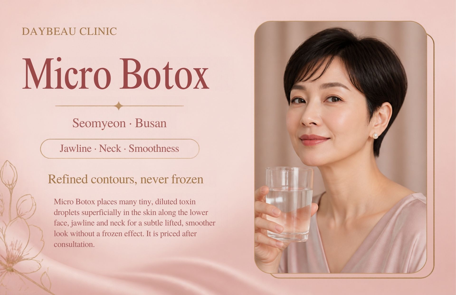 Micro Botox at Daybeau Clinic, Seomyeon, Busan. Micro Botox places many tiny, diluted toxin droplets superficially in the skin along the lower face, jawline and neck for a subtle lifted, smoother look without a frozen effect. It is priced after consultation.
